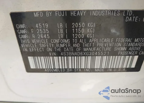 2016 Subaru Legacy 2.5I Premium z USA, uszkodzony, nr VIN 4S3BNAD6XG3045521